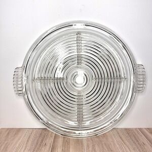 Vintage Clear Glass Serving Tray 14" Round Ribbed Divided Platter Handles